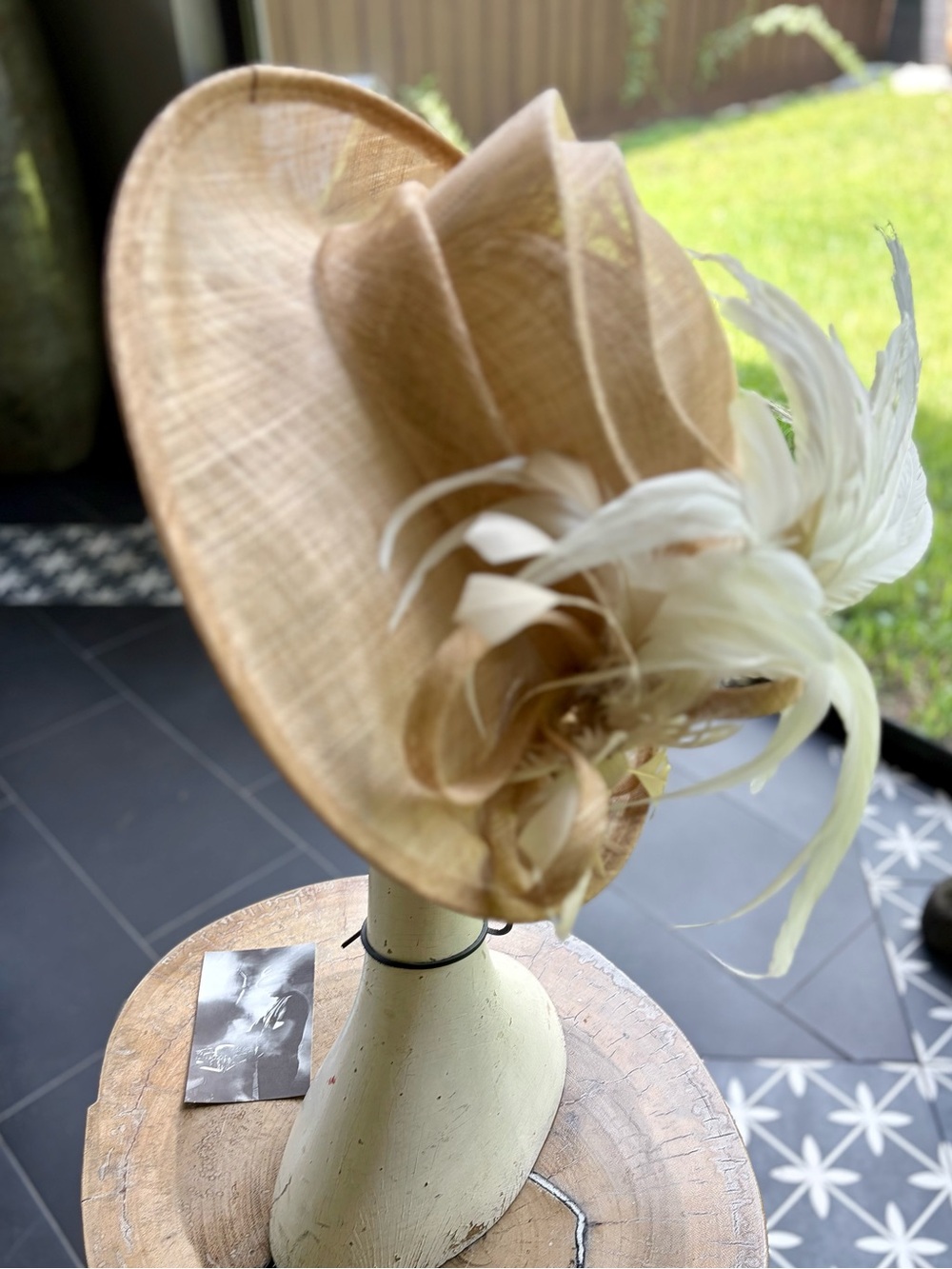 Elegant Women's Feathered Occasion Hat in Tan by Ignatius Creegan